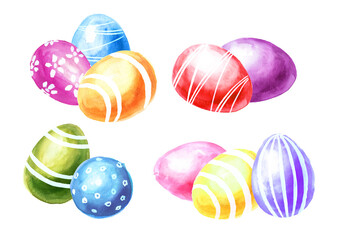 Easter colored eggs set Hand drawn watercolor illustration isolated on white background