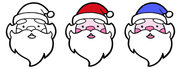 Vector illustration. Hand drawing cartoon character. Head of Santa Claus. Christmas illustrations. Merry Christmas and Happy New Year greeting card. Festive icon.