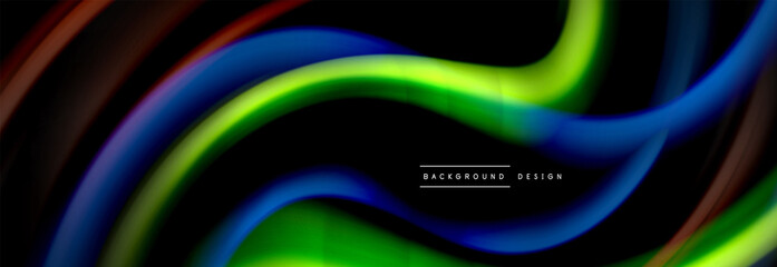 Dynamic motion abstract background. Color blurred stripes on black. Wave liquid lines poster. Vector illustration