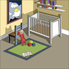 Children's room and a small child. Illustration for children. Children's room interior in isometric