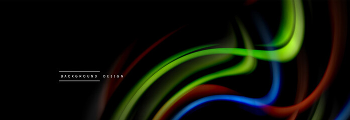 Dynamic motion abstract background. Color blurred stripes on black. Wave liquid lines poster. Vector illustration