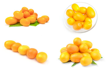 Collage of cumquats over a white background