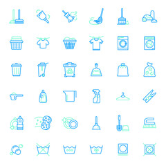 Set of housework and household chores colored line style Icons. Contains such Icons as cleaning, vacuum, laundry, wash, washing machine, waste, garbage, trash, wastebasket And Other Elements. 