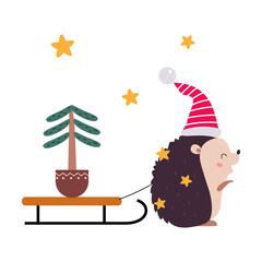 Little Hedgehog Pulling Spruce Tree on Sled, Xmas Animal Cartoon Character, Merry Christmas and Happy New Year Vector Illustration