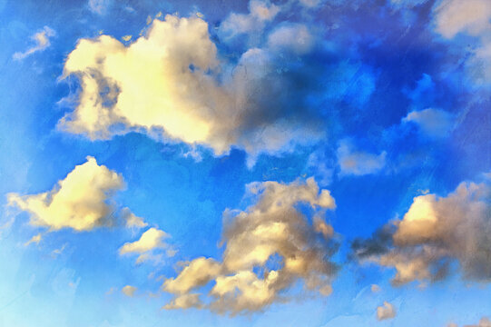 Blue sky with clouds colorful painting looks like picture.