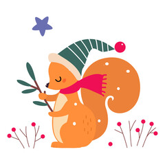Lovely Squirrel Wearing Cute Knitted Hat and Scarf, Xmas Animal Cartoon Character, Merry Christmas and Happy New Year Vector Illustration