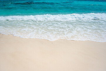 Fototapeta na wymiar Clear sea waves and white sandy beach in summer.