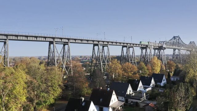 Drone flight over the Hochbr&uuml;cke Rendsburg at the River Wehrau with a overview, Schleswig holstein Germany