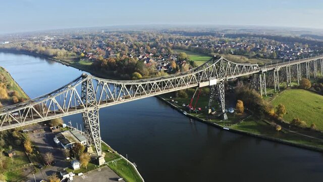 Drone flight over the Hochbr&uuml;cke Rendsburg at the River Wehrau with a overview, Schleswig holstein Germany