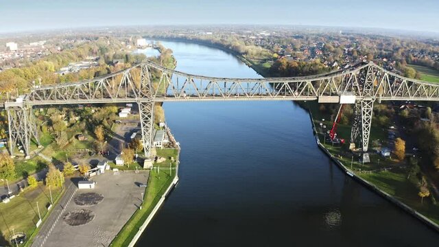 Drone flight over the Hochbr&uuml;cke Rendsburg at the River Wehrau with a overview, Schleswig holstein Germany