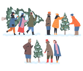 People Preparing for Holiday Celebration Set, Families Choosing and Carrying Christmas Tree Together, Merry Xmas and New Year Concept Cartoon Style Vector Illustration