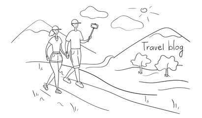 Lifestyle blog. Travel bloggers shoot video on smartphone. Influencers take selfies for blog posts on social media. Vloggers broadcasting vlog from trip. Cartoon vector illustration