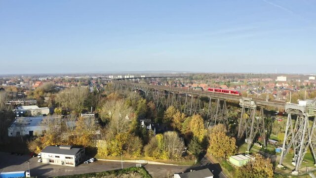 Drone flight over the Hochbr&uuml;cke Rendsburg at the River Wehrau with a overview, Schleswig holstein Germany