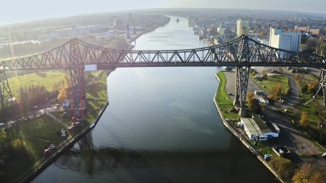 Drone flight over the Hochbr&uuml;cke Rendsburg at the River Wehrau with a overview, Schleswig holstein Germany