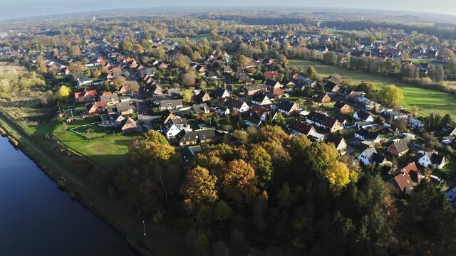 Drone flight over the small town Rendsburg at the River Wehrau with a overview, Schleswig holstein Germany