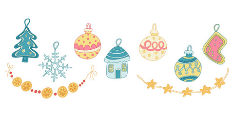 Color doodle set with Christmas decorations. Baubles decorated with patterns, garlands, gingerbread. Hand drawn vector illustration isolated on white. New year. Great for  greeting cards, posters.