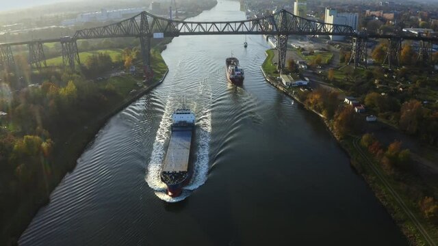 Drone flight over 2 ships at the Hochbr&uuml;cke Rendsburg at the River Wehrau with a overview, Schleswig holstein Germany