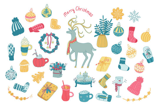 Color doodle set with Christmas decorations, sweet food and drinks. Glass baubles, garland, gingerbread, mitten, deer, wreath, cute mugs. Hand drawn vector illustration isolated on white. Xmas design.
