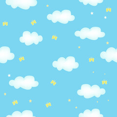 Seamless pattern with clouds and butterflies, blue background
