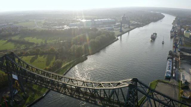 Drone flight over the Hochbr&uuml;cke Rendsburg at the River Wehrau with a overview, Schleswig holstein Germany