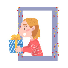 Smiling Girl Looking out of the Window, Kid Giving or Receiving Christmas Gift, Merry Xmas and New Year, Happy Winter Holidays Concept Vector Illustration