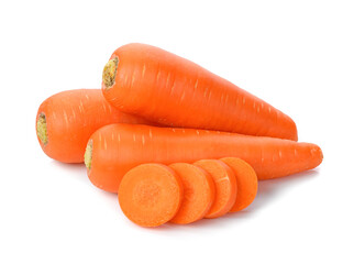 Fresh carrot and cut pieces isolated on white background