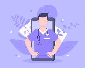 Online doctor medical service concept with doctor in the smartphone vector illustration. Telemedicine web consultation for patients health care check ups and taking medicine prescription pills.