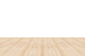 Empty wooden table top isolated on white background for product display montage