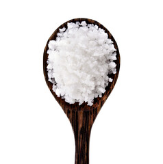 Sea salt in wooden spoon isolated on white background.