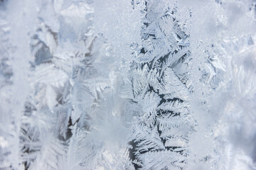 Fototapeta premium Texture of blue frost on a glass window. Frosty cold weather. White ice patterns texture close-up. New year and Christmas background