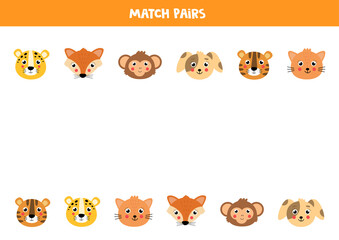 Match pairs of animal faces. Set of cute cartoon animals. Logical game for kids.