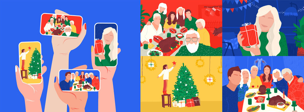 Christmas Online With Family Concept. Remote Celebration In Lockdown. Phone In Hands And People On Video Call Congratulate Each Other. Grandpa Makes Selfie At Dinner Table Vector. 