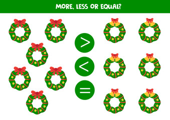 More, less or equal with cartoon Christmas wreaths. Comparison game for children.