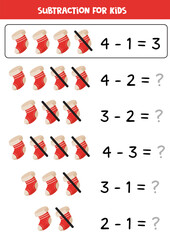 Subtraction with red Christmas socks. Educational math game for kids.