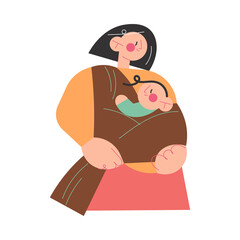 Young smiling brunette woman mother carrying her small baby toddler in brown sling