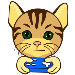 emoji cat, holding a retro gamepad and playing a video game, simplistic facial expression vector illustration, simple hand drawn emoticon, funny cartoon character