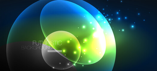 Neon ellipses abstract backgrounds. Shiny bright round shapes glowing in the dark. Vector futuristic illustrations for covers, banners, flyers and posters and other