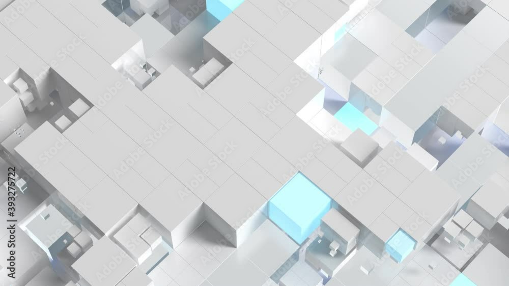 Poster 3d render of white and blue glow cubes in a random pattern grid. bright technology background. diffe