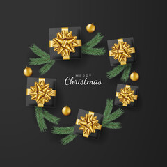 Christmas gift boxes and elements on black background. Vector illustration.