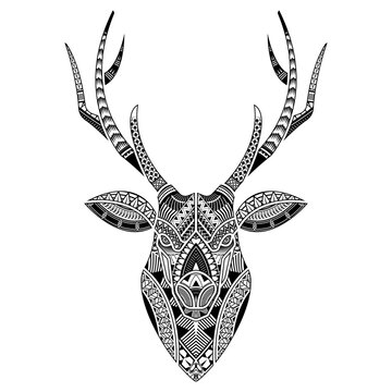Head of deer tattoo ornamented with Maori style elements