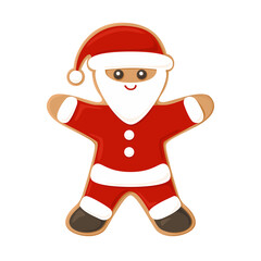 Gingerbread man santa claus isolated on white background. Vector illustration of Christmas cookies decorated with sugar icing. Cartoon flat style.