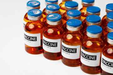 Pile of vials of Sars-cov-2 vaccine close up