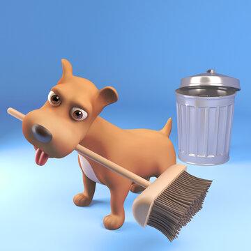 3d cute cartoon puppy dog sweeps up with a broom and trashcan