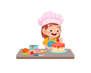 happy cute little kid boy and girl wear chef uniform and cooking a birthday cake