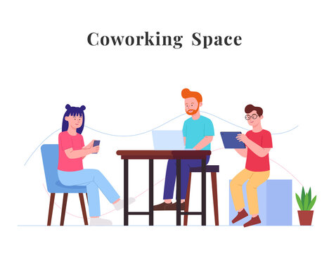 Co working space concept flat illustration people sitting enjoy with gadget