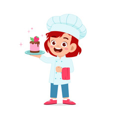 happy cute little kid boy and girl wear chef uniform and cooking a birthday cake