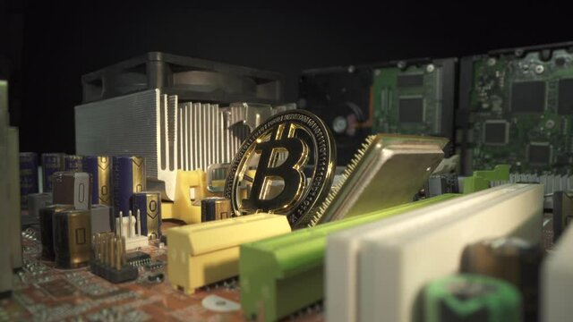 Golden coins with bitcoin symbol on a main board computer. Popular gold cryptocoin Bitcoin on the motherboard with CPU and HDD. Mining and trade concept. Forex and Bitrex market.