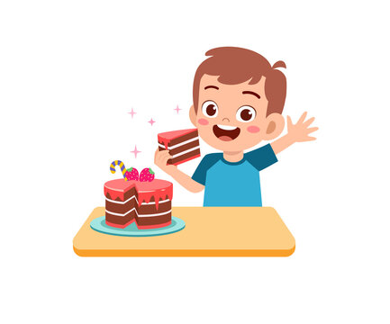 Happy Cute Little Kid Boy And Girl Eat A Birthday Cake