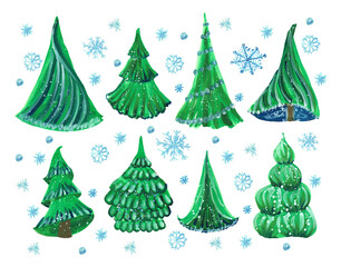 Christmas and New Years set. Watercolor christmas green trees.Hand drawn elements. Christmas set cartoon elements. Illustrated for your festive design isolated on white background.