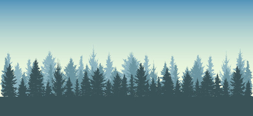 Fototapeta na wymiar Forest background, nature, landscape. Silhouettes of spruce trees.All fir trees are separated from each other. Vector illustration